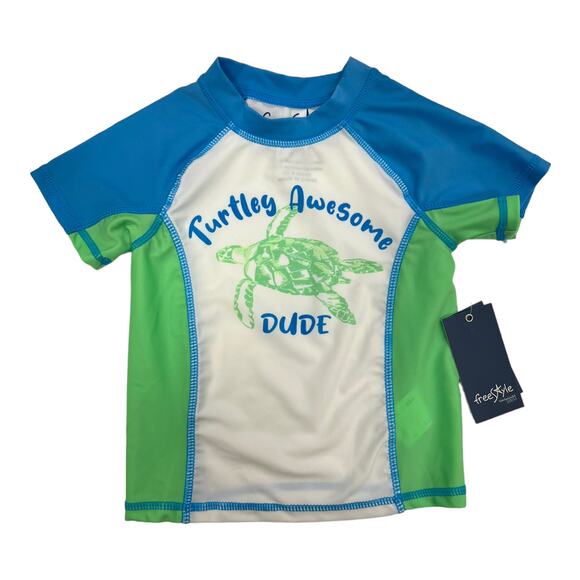 NEW Freestyle Swim Short Sleeve Rashguard Turtle White Blue Green Boy's 3T - Picture 1 of 3
